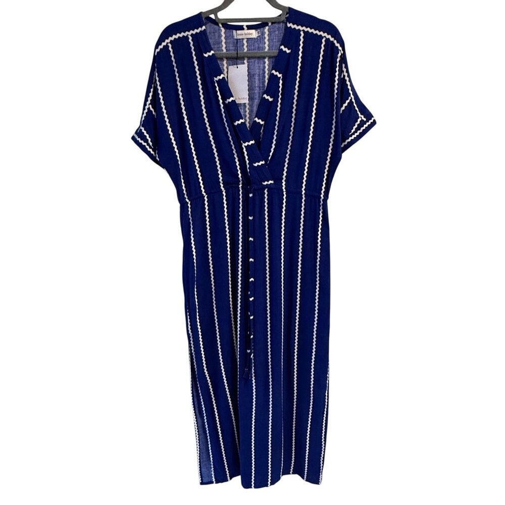 Home Holiday Claude Midi Dress Blue White Zigzag Stripe V-Neck XS Drawstring